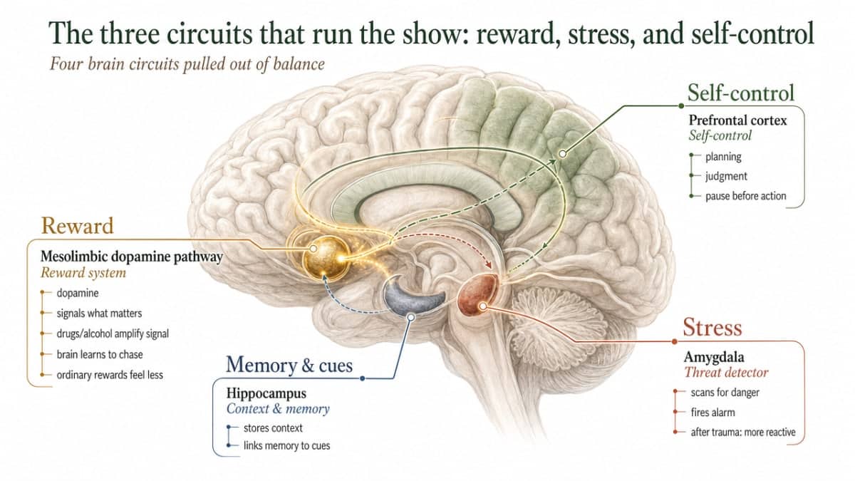 Addiction and the Brain: Why Willpower Isn't Enough 1 Visualize the four named brain circuits (mesolimbic dopamine pathway, amygdala, hippocampus, prefrontal cortex) and their distinct roles, directly supporting the section that defines each one