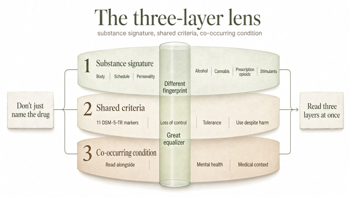 Identifying Different Addiction Kinds in a Loved One 1 Visualize the framework introduced in this section: the three diagnostic layers a family or clinician reads simultaneously when identifying addiction