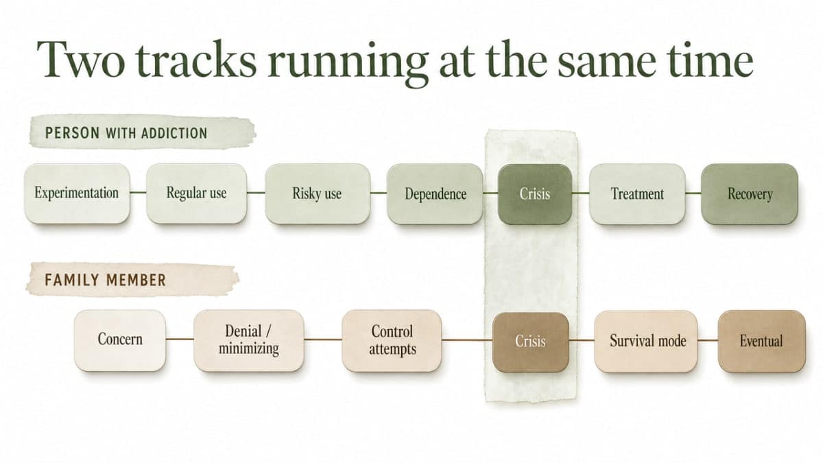 Understanding the Addiction Phases in a Loved One 1 Visualize the parallel phase journey of the person with addiction and the family member, which is the central framework of this section