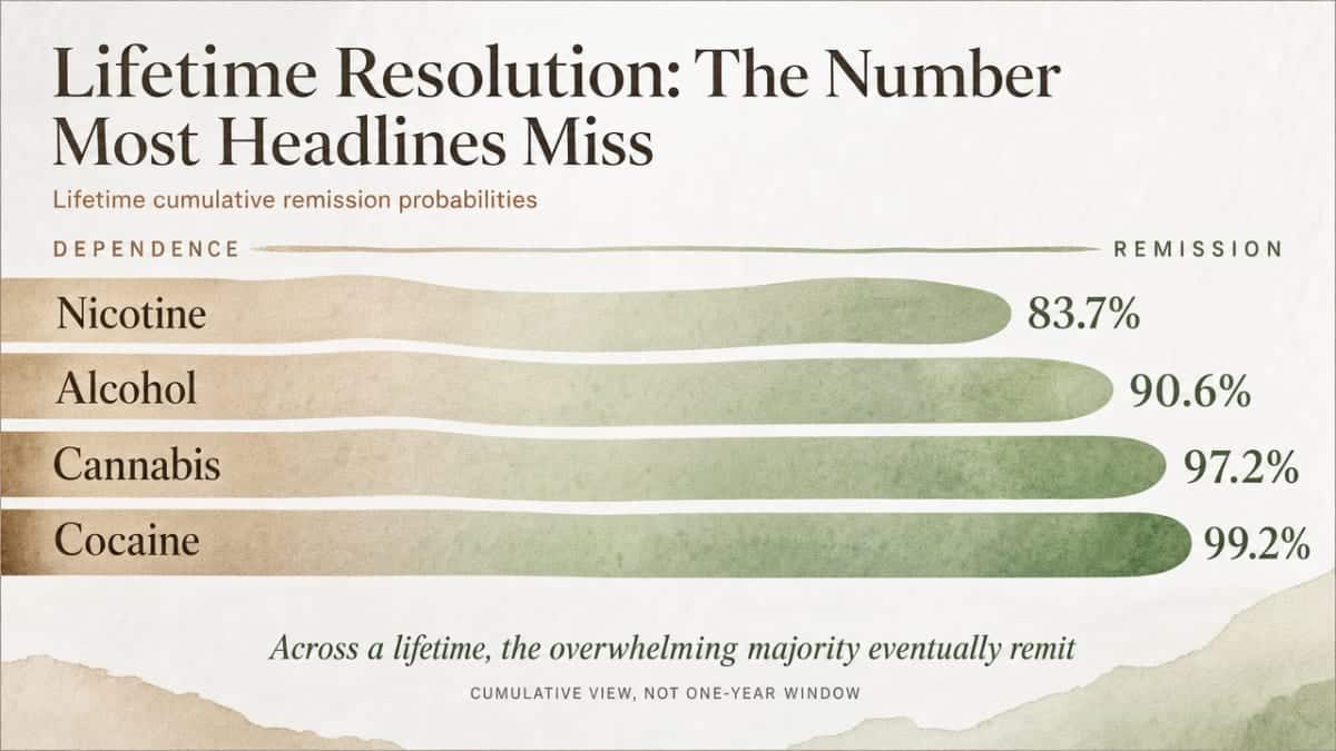 What Do Addiction Recovery Statistics Really Mean? 2 Visualize the lifetime cumulative remission probabilities by substance cited directly in this section (83.7% nicotine, 90.6% alcohol, 97.2% cannabis, 99.2% cocaine)