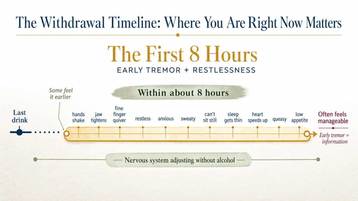 Alcohol Shaking and Trembling: When Is It an Emergency? 1 Visualize the cited withdrawal timeline stages so readers can locate where they are right now, directly supporting the four sub-sections that follow