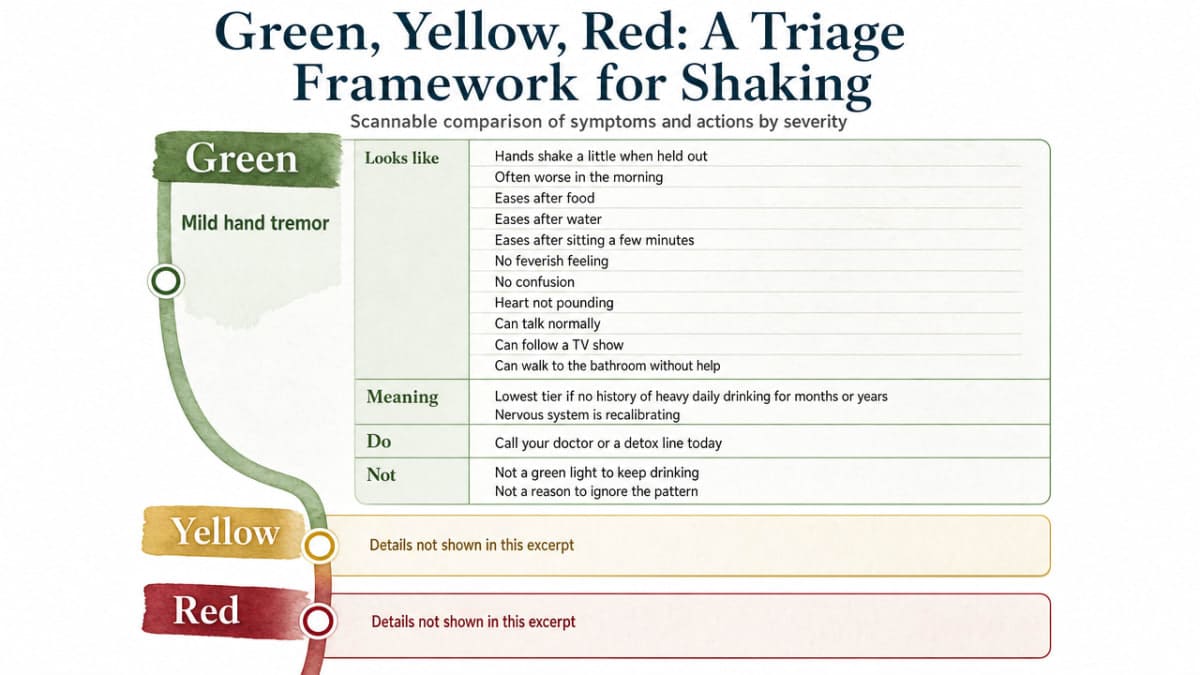 Alcohol Shaking and Trembling: When Is It an Emergency? 2 Translate the three-tier triage framework into a scannable visual comparison of symptoms and recommended actions for each severity level