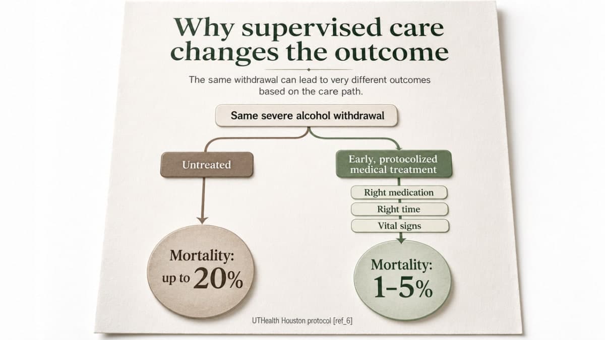 Why Withdrawal Can Trigger an Alcoholic Seizure 3 Stat-backed comparison chart of mortality from severe untreated vs. treated alcohol withdrawal, directly cited in this section