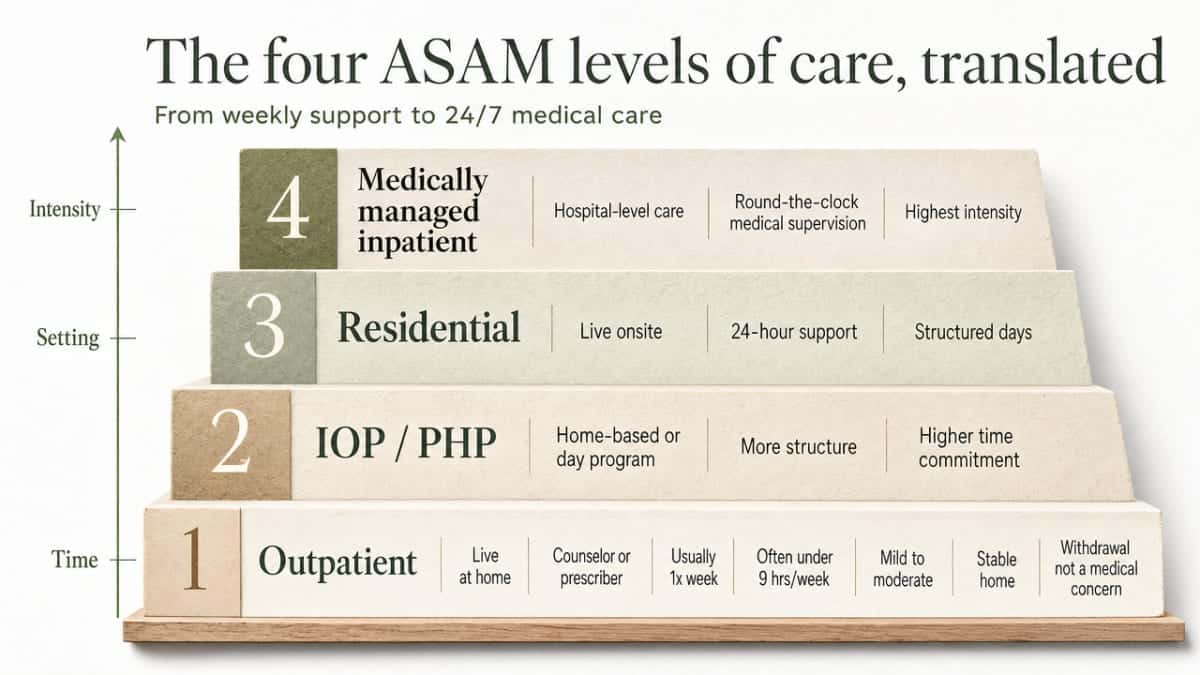 How to Find an Alcoholism Treatment Program That Works 1 Visualize the four ASAM levels of care as a tiered comparison so readers can self-locate their needs against intensity, setting, and time commitment