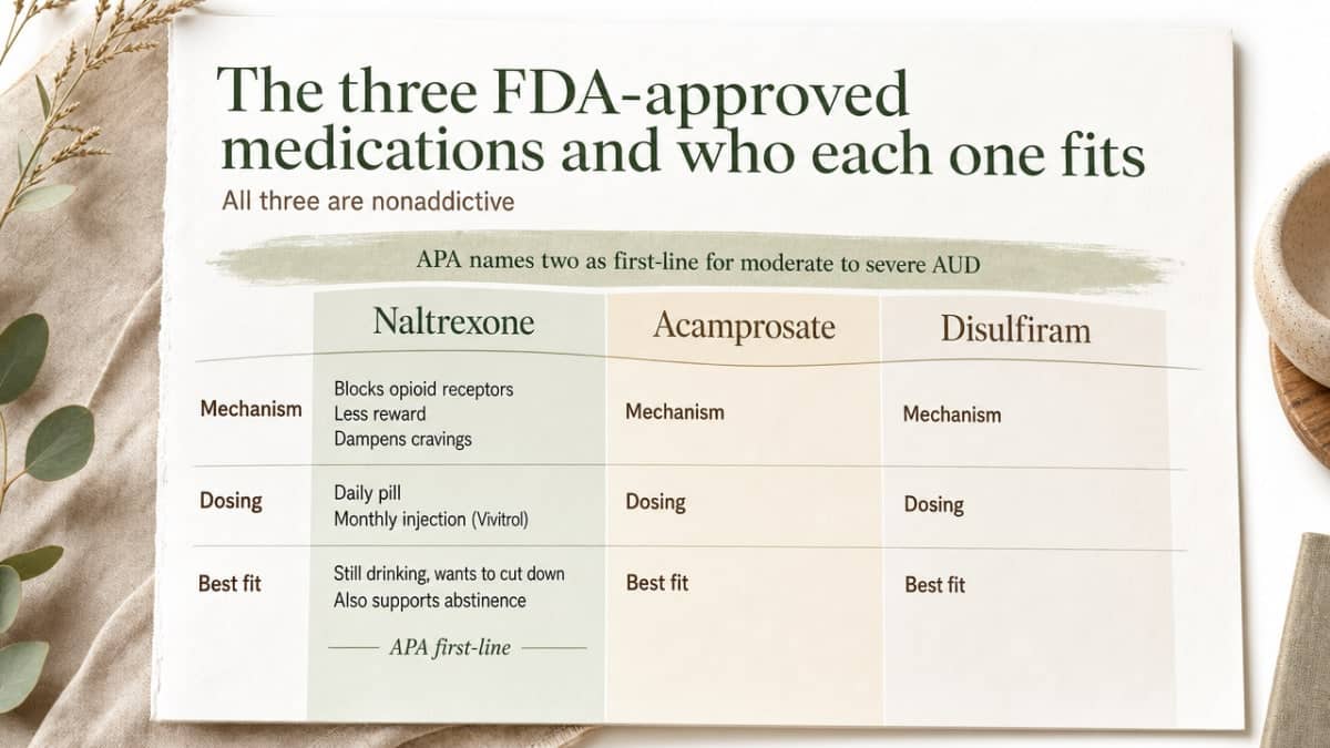 How to Find an Alcoholism Treatment Program That Works 2 Compare the three FDA-approved AUD medications across mechanism, dosing, and best-fit patient, directly supporting the section's comparison content