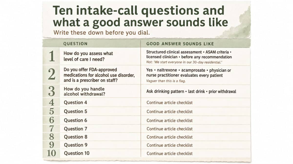 How to Find an Alcoholism Treatment Program That Works 3 Turn the section's 10 vetting questions into a scannable checklist readers can take to intake calls, mirroring the article's enumerated list