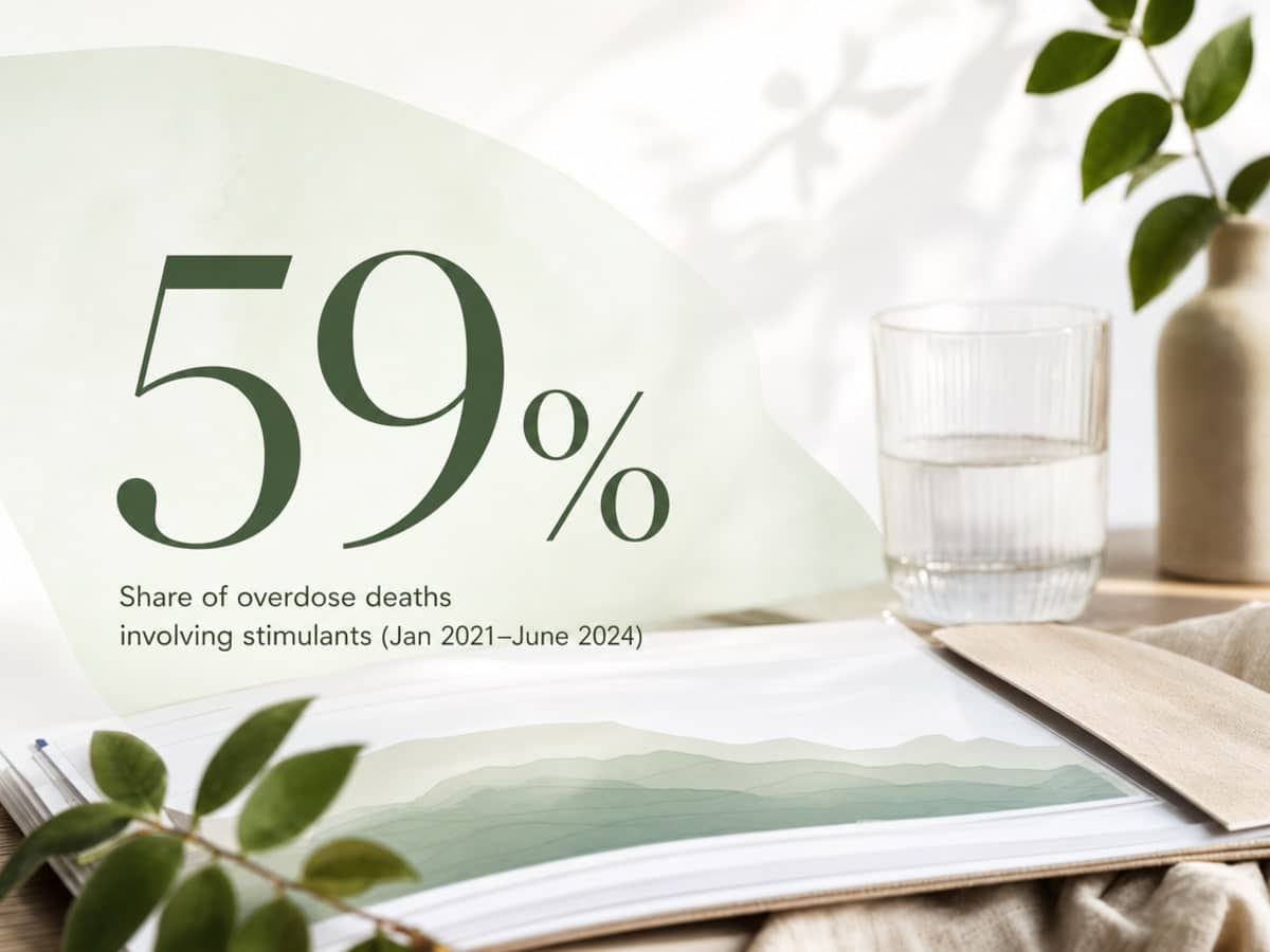 Amphetamine Addiction: Treatment and Recovery Options 1 Infographic showing Share of overdose deaths involving stimulants (Jan 2021–June 2024)