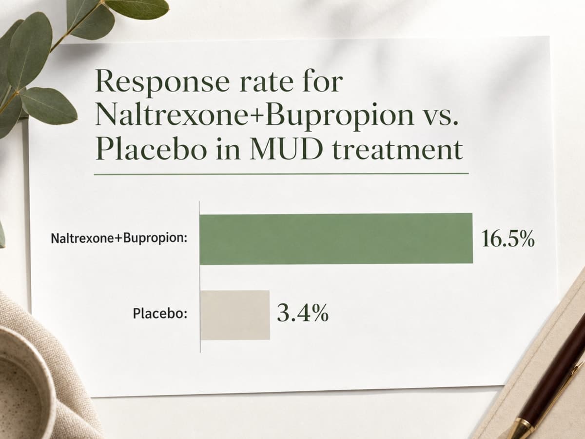 Amphetamine Addiction: Treatment and Recovery Options 2 Chart showing Response rate for Naltrexone+Bupropion vs. Placebo in MUD treatment