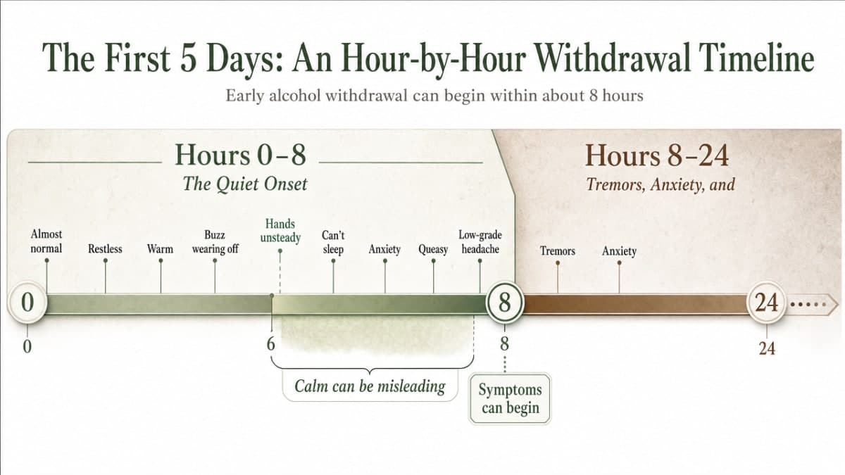 Can an Alcoholic Quit Cold Turkey? 1 Visualize the cited withdrawal timeline with the specific hour markers and symptom phases described in the section