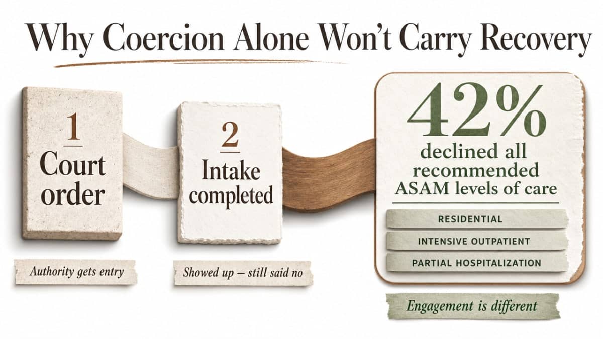 Using Casey's Law: A Step-by-Step Guide for Families 3 Visualize the cited statistic that 42% of completed intakes declined all recommended ASAM levels of care, directly supporting the section's argument that a court order alone does not guarantee engagement