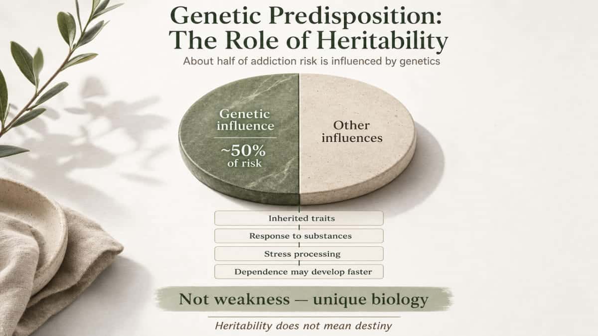 Why It Happens: The Real Causes of Substance Abuse 2 Visualize the cited statistic that genetics account for about half of addiction risk, directly supporting the heritability discussion in this section