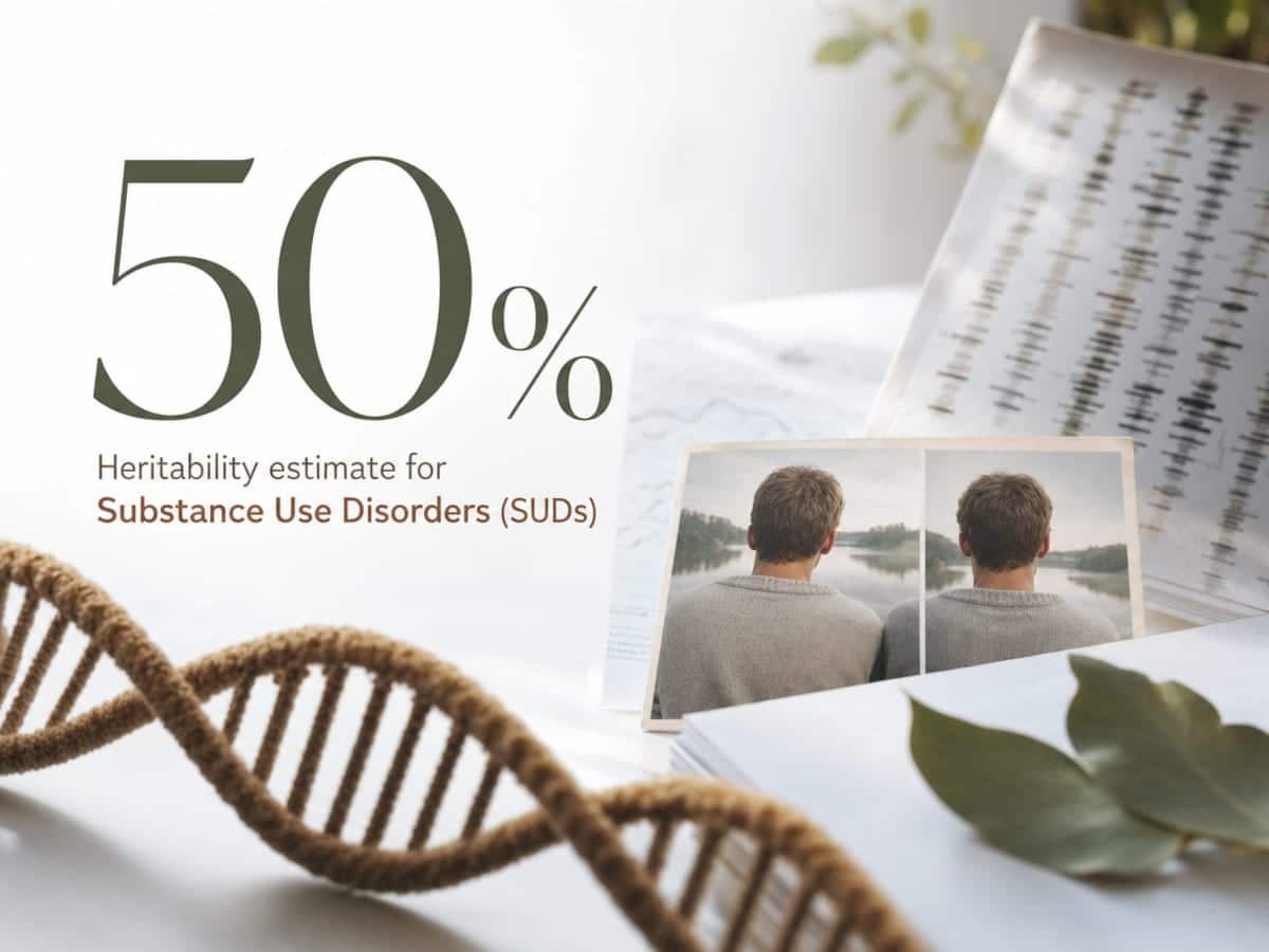 Why It Happens: The Real Causes of Substance Abuse 3 Infographic showing Heritability estimate for Substance Use Disorders (SUDs)
