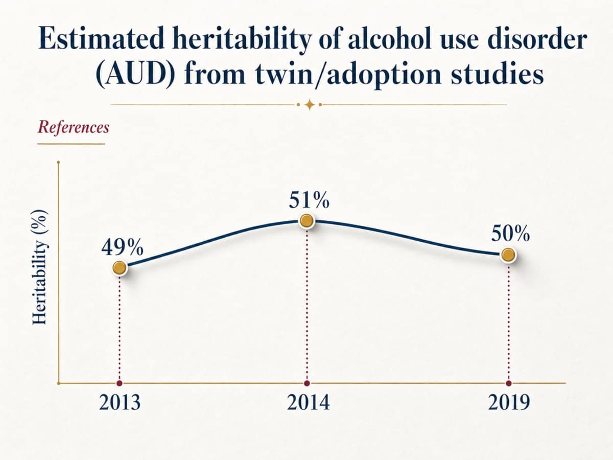 Does Alcoholism Run in Families? 3 Chart showing Estimated heritability of alcohol use disorder (AUD) from twin/adoption studies