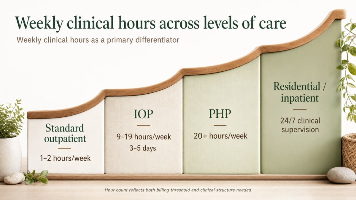 What Is a Drug and Alcohol Partial Hospitalization Program? 2 Visualize the weekly clinical hour ranges that differentiate standard outpatient, IOP, PHP, and residential/inpatient care, which is the central comparison of this section