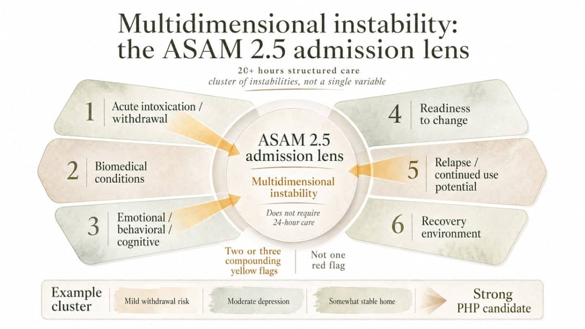 What Is a Drug and Alcohol Partial Hospitalization Program? 3 Show the six ASAM dimensions used to determine PHP admission, directly visualizing the framework described in the section