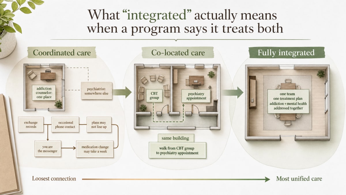 How to Find Dual Diagnosis Rehab Centers You Can Trust 1 Visualize the three SAMHSA-defined models of co-occurring care described in this section: coordinated, co-located, and fully integrated