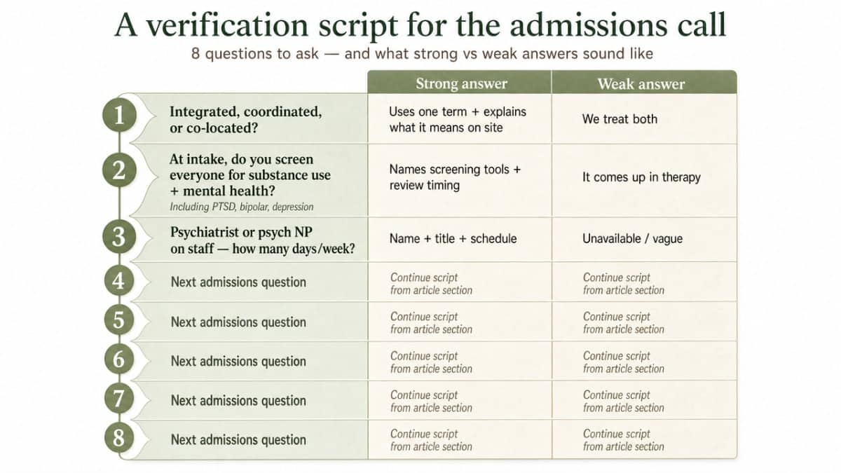 How to Find Dual Diagnosis Rehab Centers You Can Trust 3 Process infographic summarizing the eight admissions-call questions and what a strong versus weak answer sounds like, directly mirroring the section content