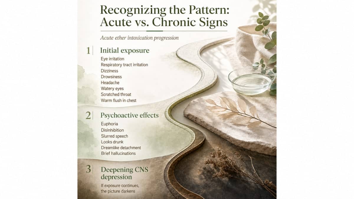 What Is Ether Abuse? 2 Visualize the cited progression of acute ether intoxication described in the section, helping readers identify the arc of symptoms from initial exposure to life-threatening depression