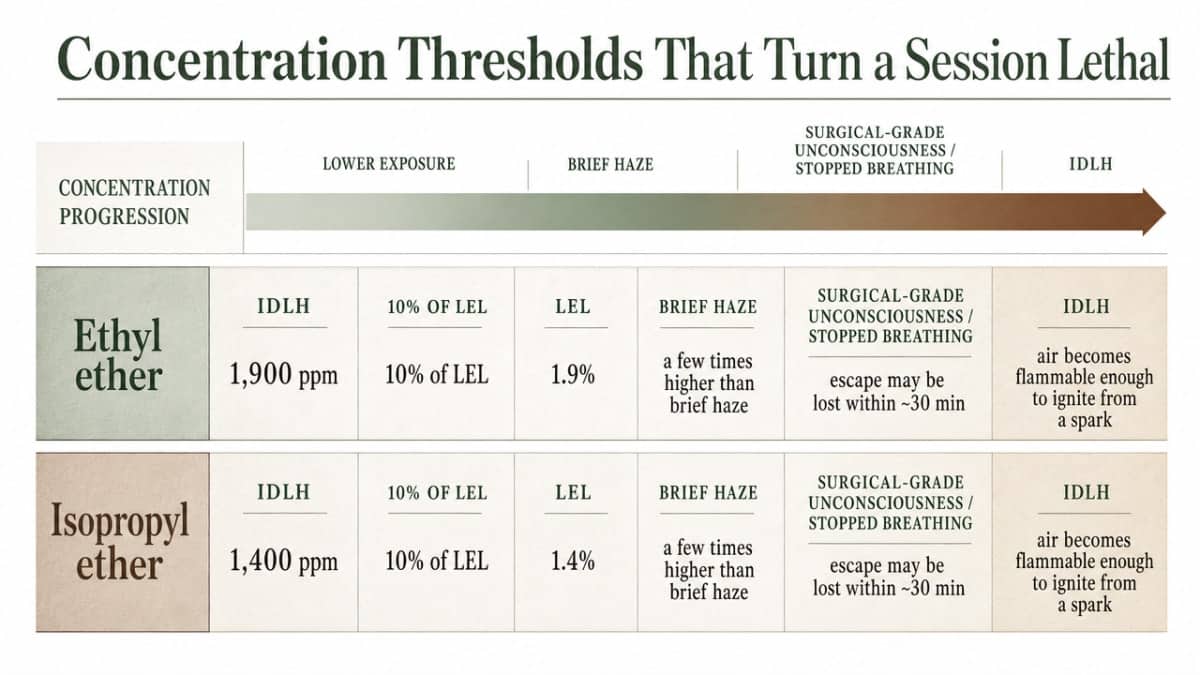 What Is Ether Abuse? 3 Compare the cited NIOSH IDLH concentration thresholds for ethyl ether and isopropyl ether, directly supporting the numbers stated in this section