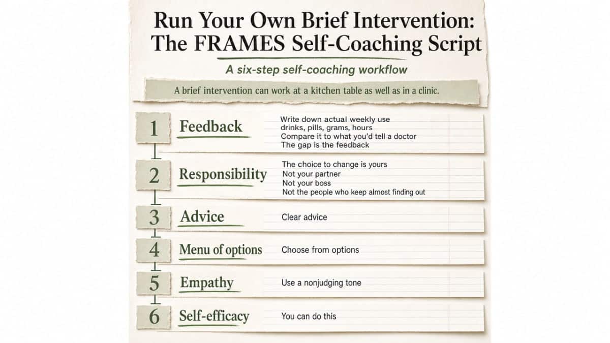 How to Recover From Addiction Alone (And When to Get Help) 3 Translate the section's six-step FRAMES clinical script into a visual self-coaching workflow the reader can follow