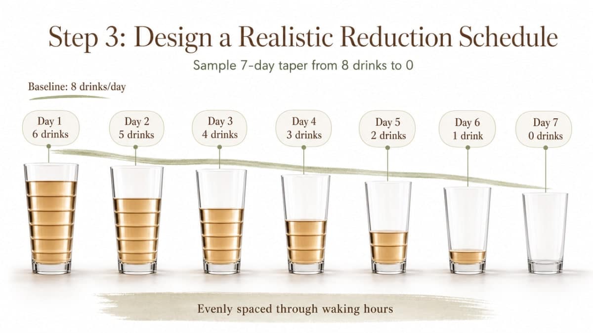 7 Steps for How to Taper Off Alcohol Safely 2 Show the sample 7-day taper schedule from 8 drinks to 0 explicitly described in the section, giving readers a visual reference for the gradual reduction pattern