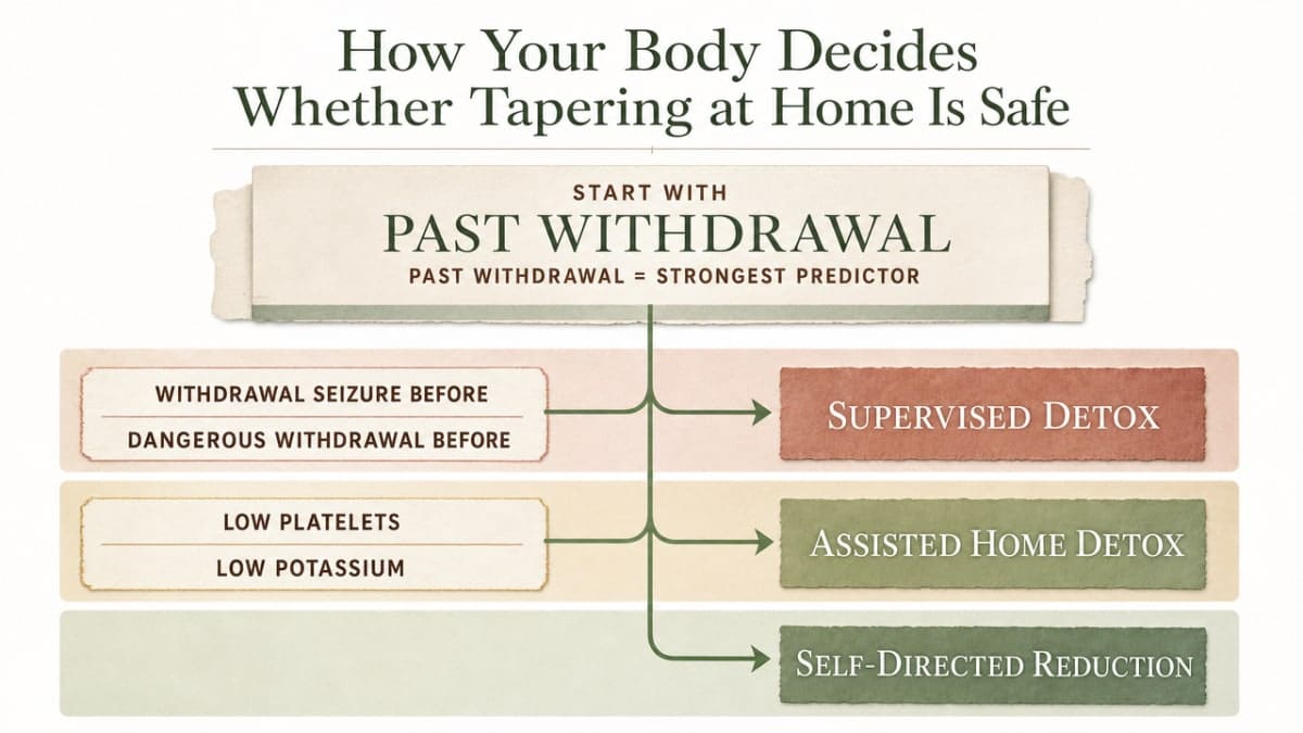 Creating a Plan for How to Wean Yourself Off Alcohol 1 Visualize the three-tier risk stratification framework (supervised detox, assisted home detox, self-directed reduction) described across the three subsections as a decision framework