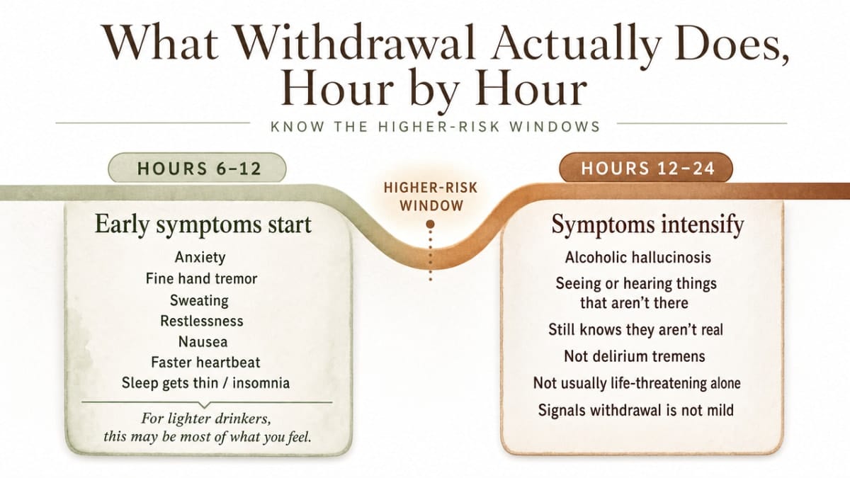 Creating a Plan for How to Wean Yourself Off Alcohol 2 Visualize the cited hour-by-hour withdrawal timeline so readers can quickly identify peak risk windows referenced in this section