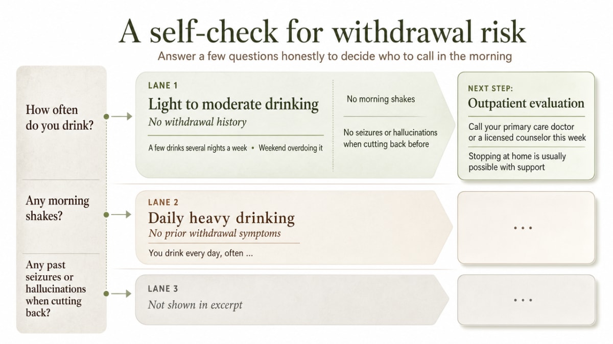 I'm an Alcoholic. What Do I Do Now? 1 Visualize the three withdrawal-risk lanes from the article's cited clinical guidelines, helping readers triage their next step