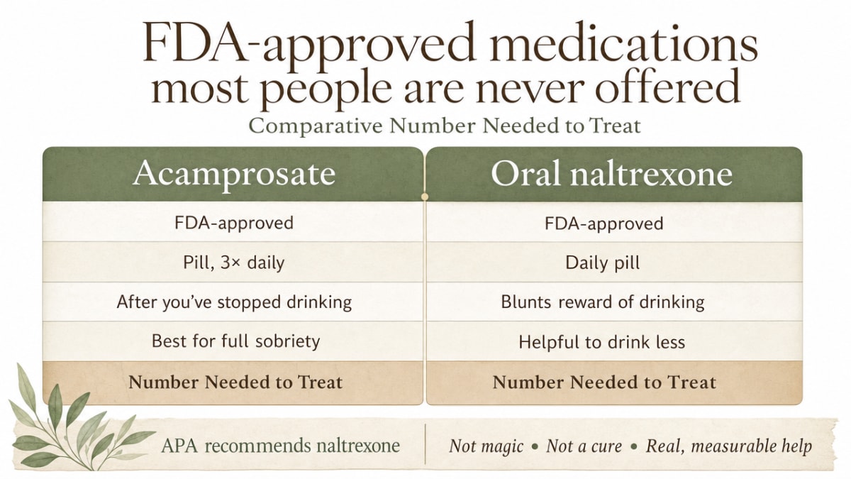 I'm an Alcoholic. What Do I Do Now? 2 Show the comparative Number Needed to Treat for acamprosate vs oral naltrexone, directly supporting the meta-analysis cited in the section