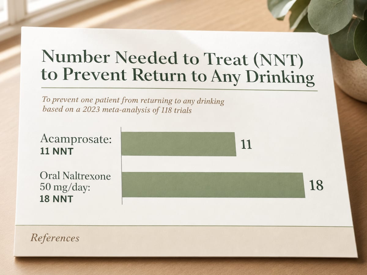 I'm an Alcoholic. What Do I Do Now? 3 Chart showing Number Needed to Treat (NNT) to Prevent Return to Any Drinking