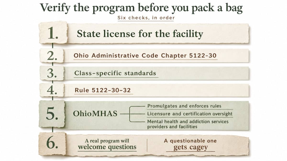 How to Choose Inpatient Drug Treatment Near Me 2 Turn the section's six verification checks into a sequential checklist infographic that mirrors the cited Ohio licensure and federal guidance