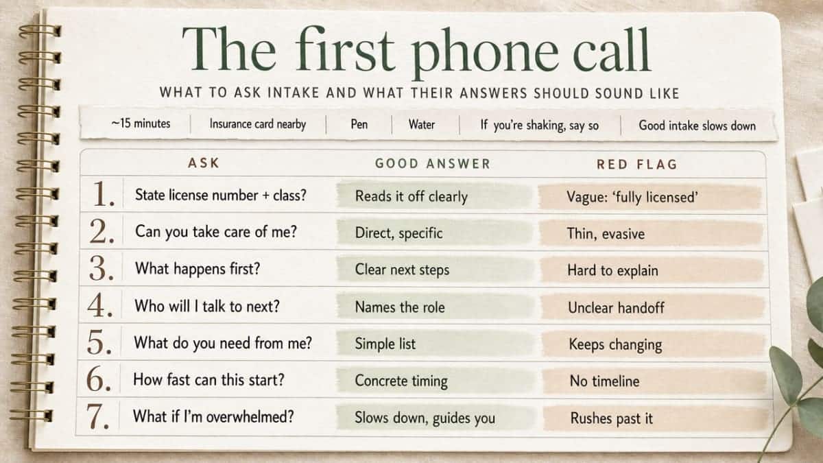 How to Choose Inpatient Drug Treatment Near Me 3 Visualize the section's seven intake-call questions as a practical, scannable checklist the reader can use during a phone call