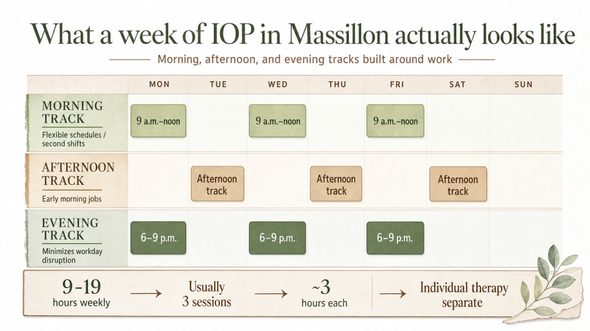Intensive Outpatient Program in Massillon, OH 2 Show the three scheduling tracks and weekly structure described in the section, giving readers a concrete sense of how IOP fits around work