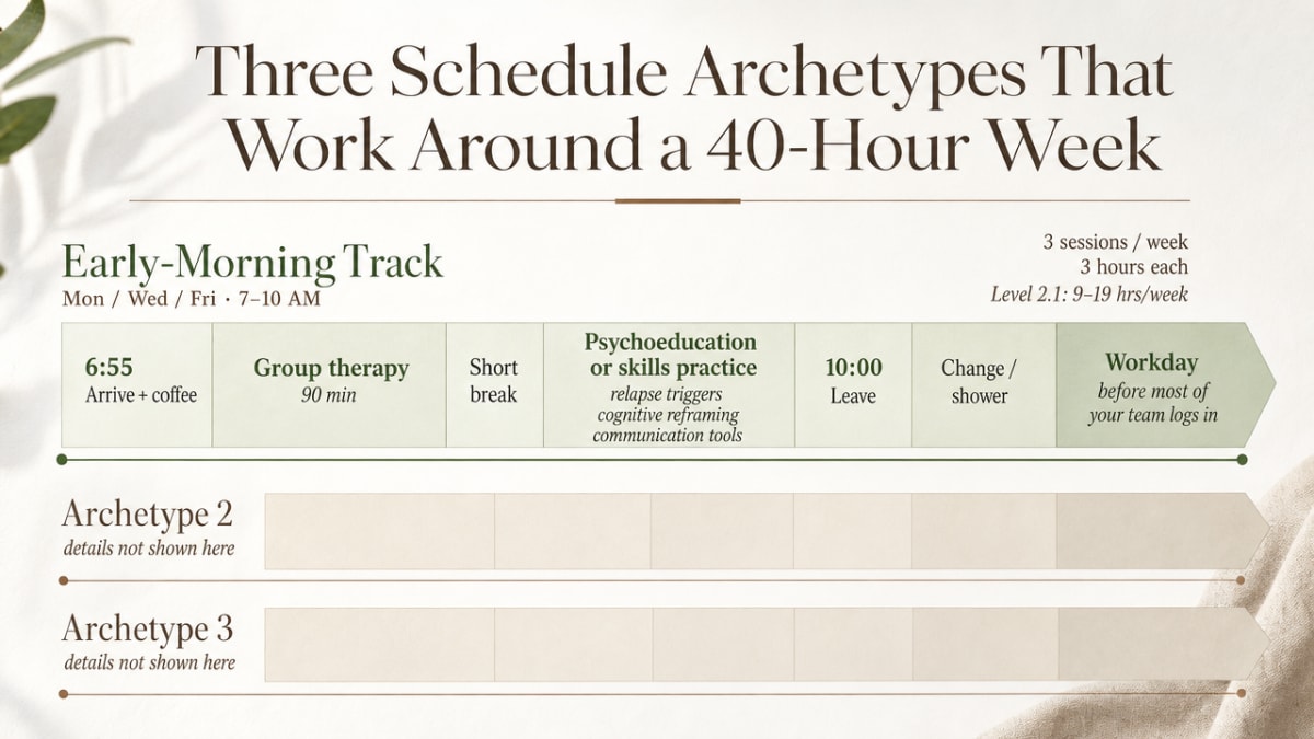 How IOP Addiction Treatment Fits a Working Schedule 3 Show the three concrete weekly schedule archetypes described in this section so readers can visually compare how IOP slots into a working week