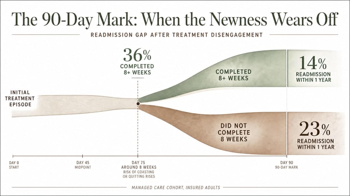 IOP Sober Living: What to Expect After Residential Care 2 Visualize the readmission gap between patients who completed at least 8 weeks of treatment versus those who did not, directly supporting the section's argument about disengagement risk