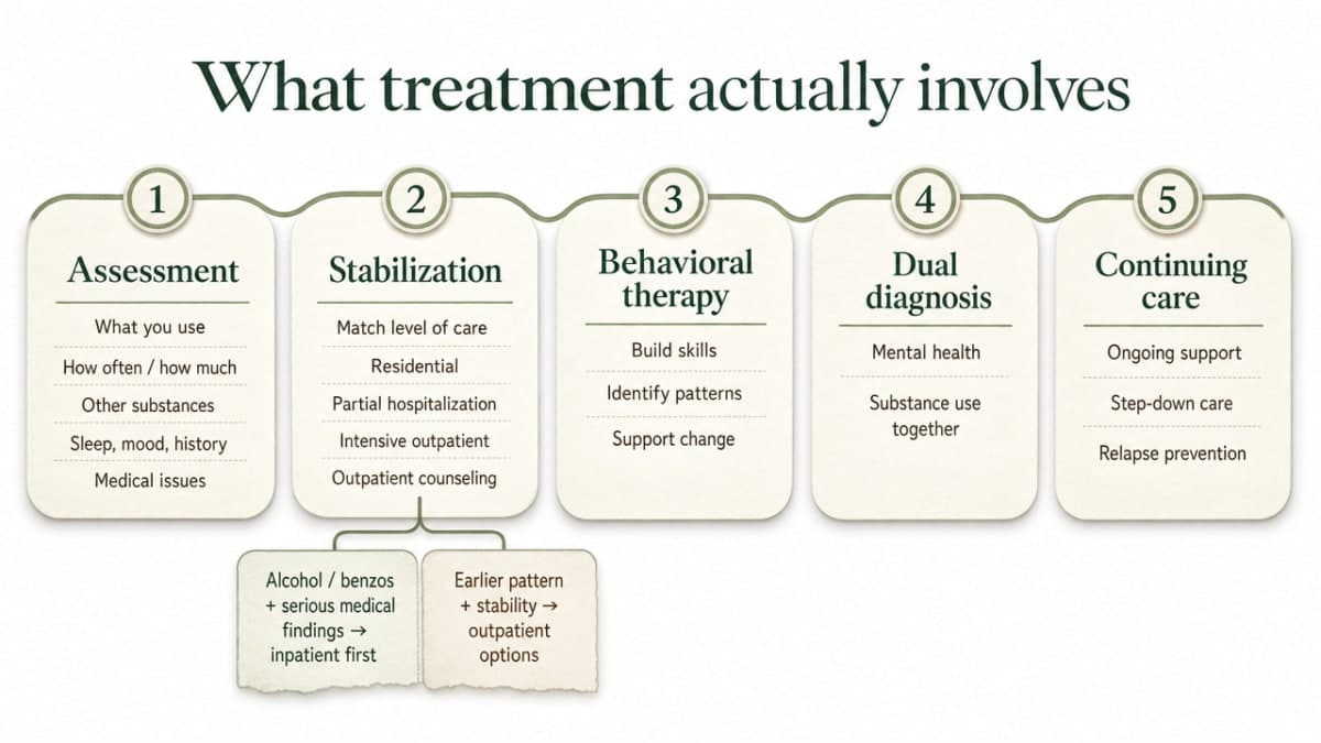 Is Ether Addictive? What You Need to Know 2 Process infographic summarizing the cited treatment pathway (assessment, stabilization, behavioral therapy, dual diagnosis, continuing care) described in this section