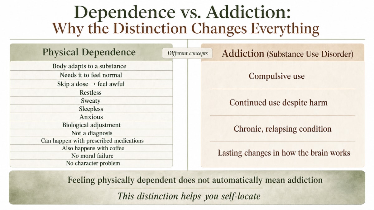 Is NyQuil Addictive? Addiction vs. Dependence 1 Visualize the side-by-side conceptual comparison between physical dependence and addiction (substance use disorder) that this section explains, helping readers self-locate