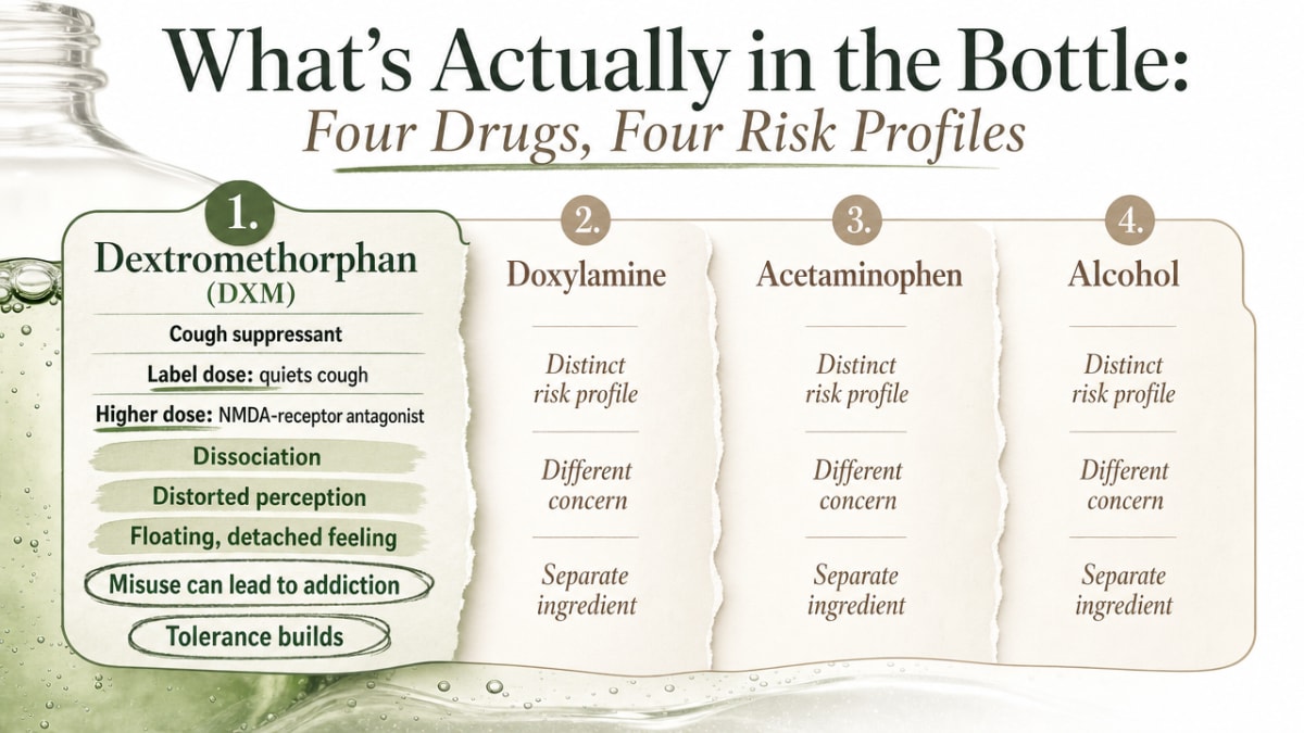 Is NyQuil Addictive? Addiction vs. Dependence 2 Summarize the four active ingredients and their distinct risk profiles, directly mirroring the section's structure of dextromethorphan, doxylamine, acetaminophen, and alcohol