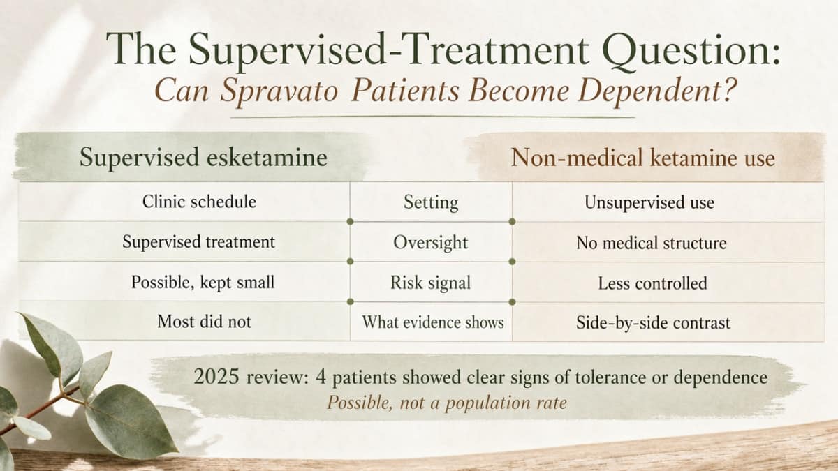 Ketamine Addiction and Your Mental Health 2 Visualize the structural comparison between supervised esketamine treatment and non-medical ketamine use, which the section explicitly contrasts point by point