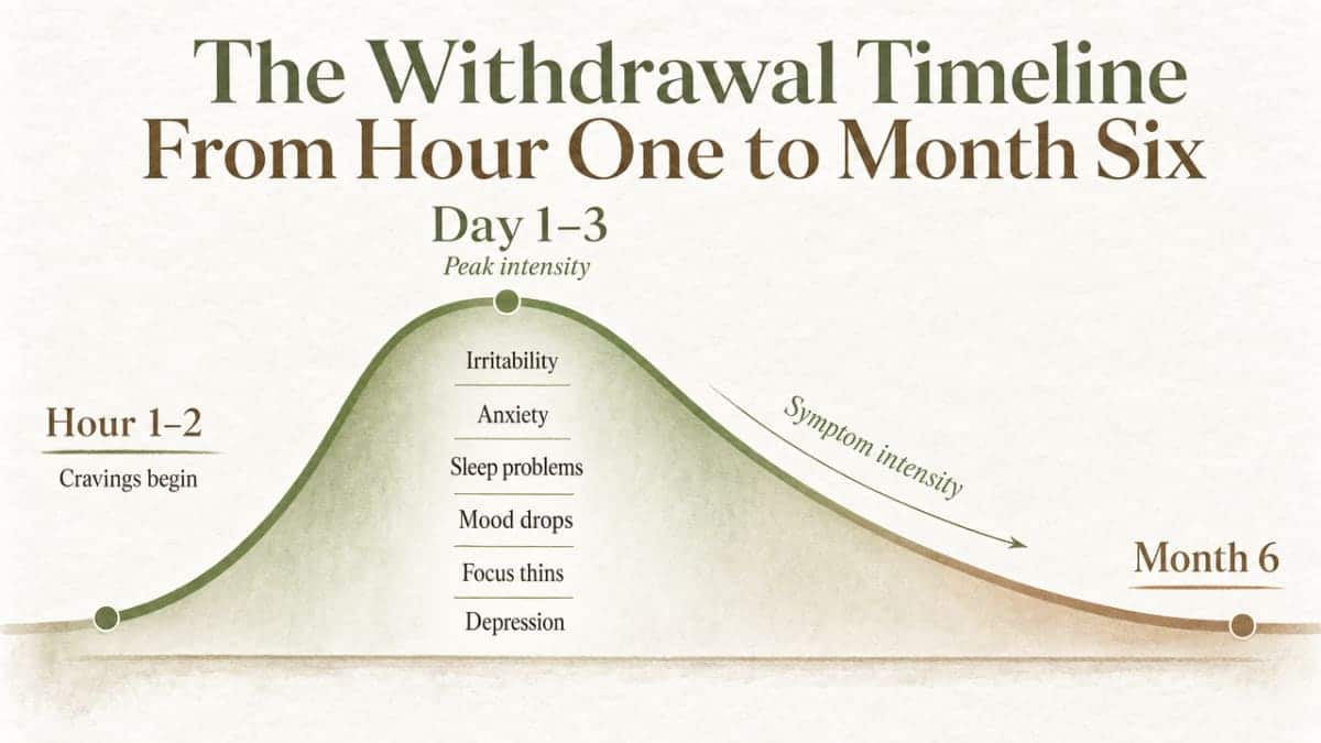 Identifying Nicotine Addiction Symptoms in Yourself 2 Visualize the cited withdrawal timeline described in this section, mapping symptom intensity from hour one through month six