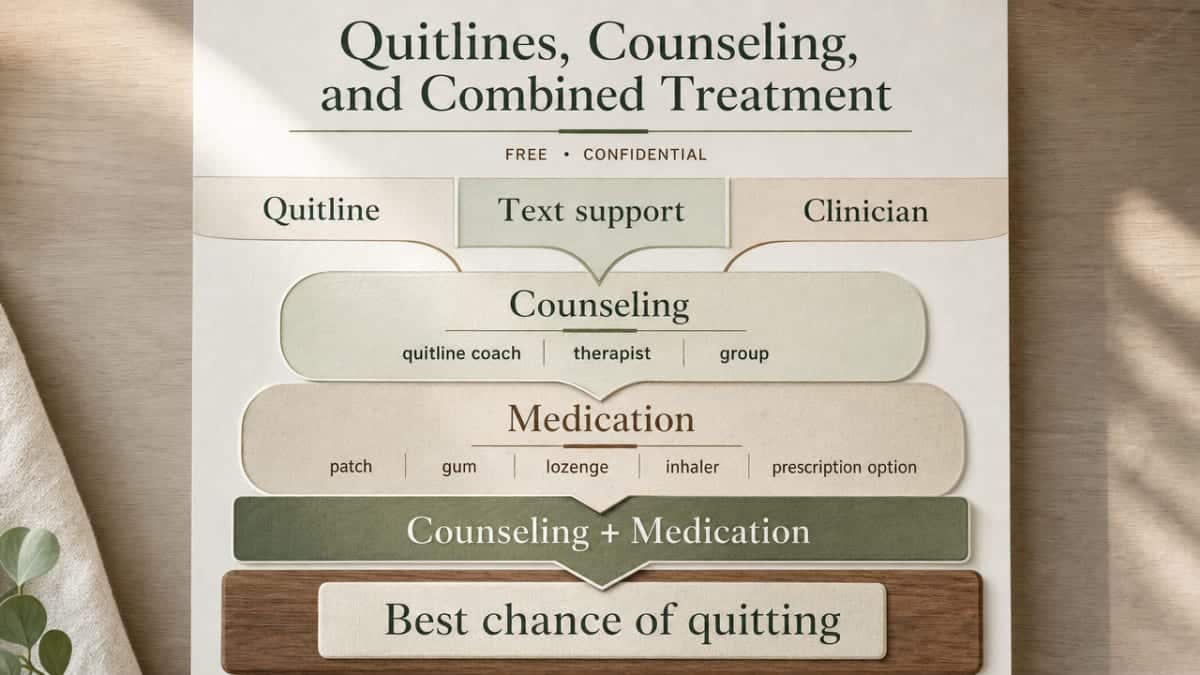 Identifying Nicotine Addiction Symptoms in Yourself 3 Visualize the cited stacked treatment model — counseling plus medication — and the entry points (quitline, text support, clinician) named in this section