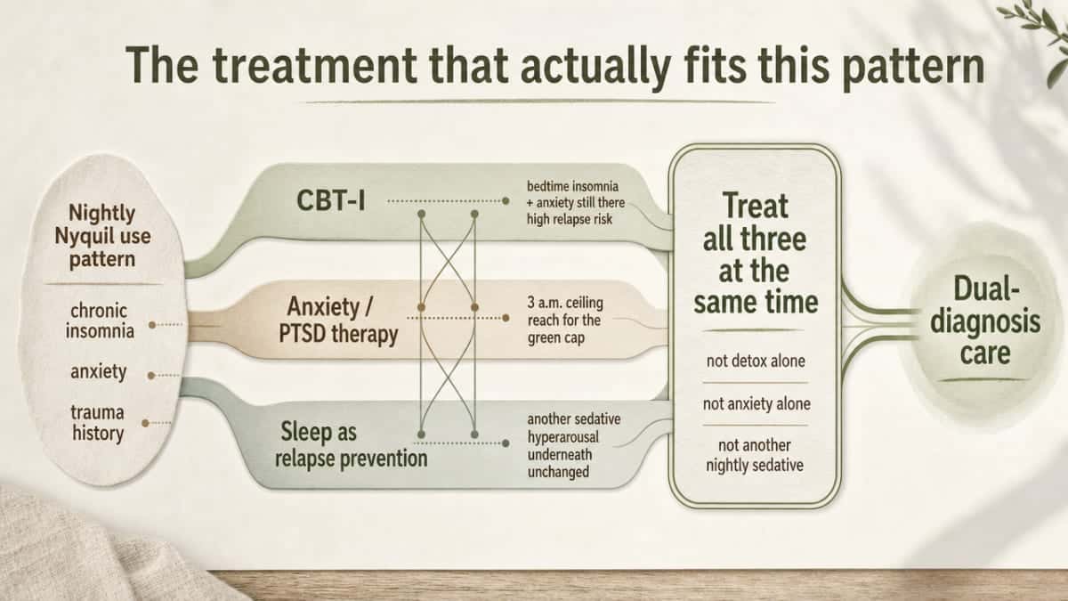 Nyquil Addiction, Anxiety, and Insomnia: The Connection 3 Visualize the integrated dual-diagnosis treatment framework described across the three subsections (CBT-I, anxiety/PTSD therapy, sleep as relapse prevention), showing how the three threads must be treated simultaneously rather than sequentially