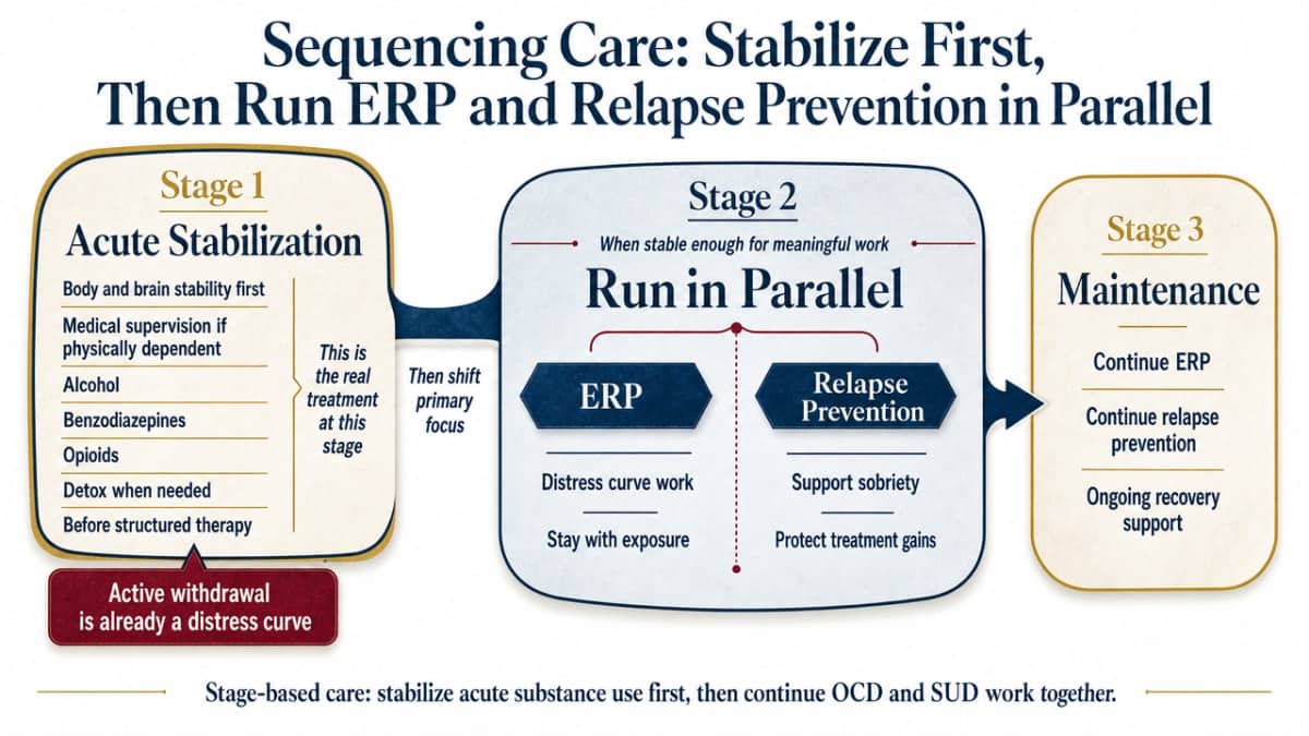 Why OCD and Addiction Require Integrated Treatment 1 Visualize the three-stage integrated treatment sequence described in this section, since the article explicitly walks through acute stabilization, concurrent ERP and relapse prevention, and maintenance phases