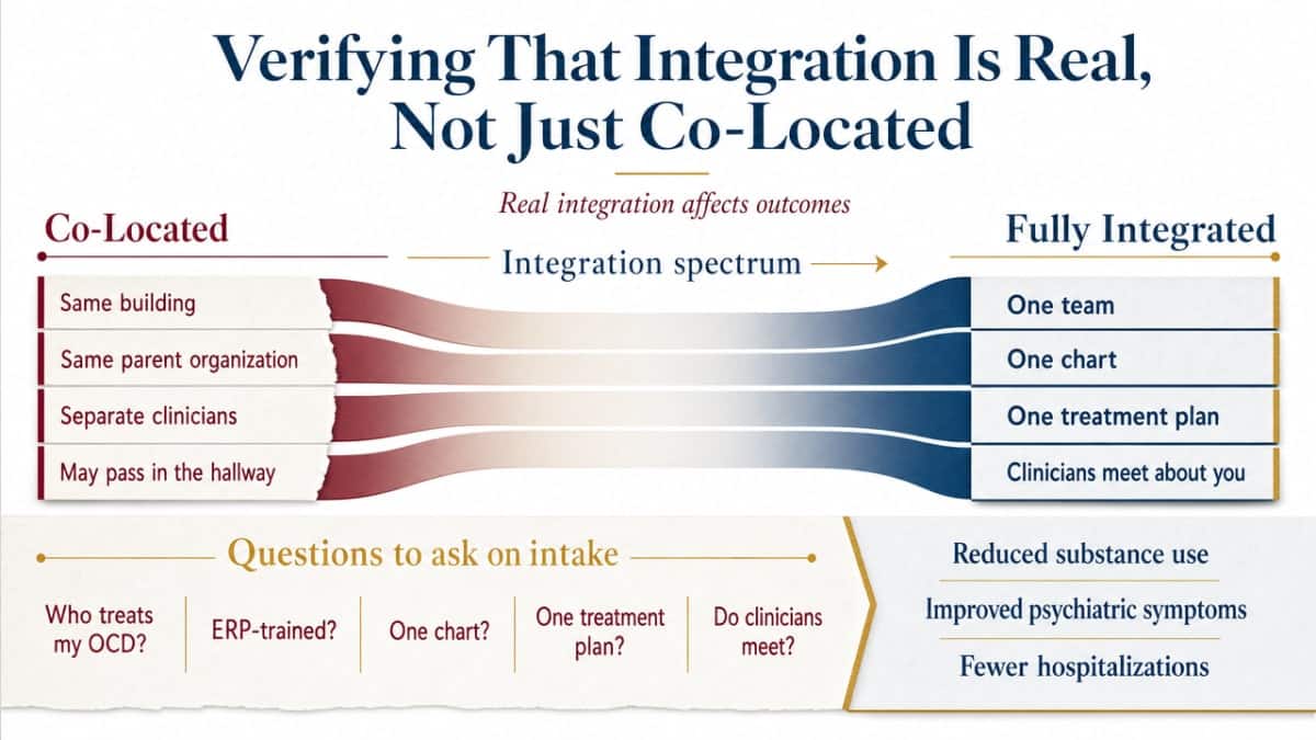 Why OCD and Addiction Require Integrated Treatment 3 Visualize the comparison between co-located and fully integrated care models that this section explicitly contrasts, supporting the structural questions readers should ask programs