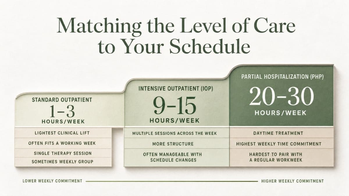 How Outpatient Drug Treatment Works With a Job 2 Visualize the comparison of weekly clinical hours across the three outpatient levels of care discussed in this section, directly supporting the hour ranges cited in the prose
