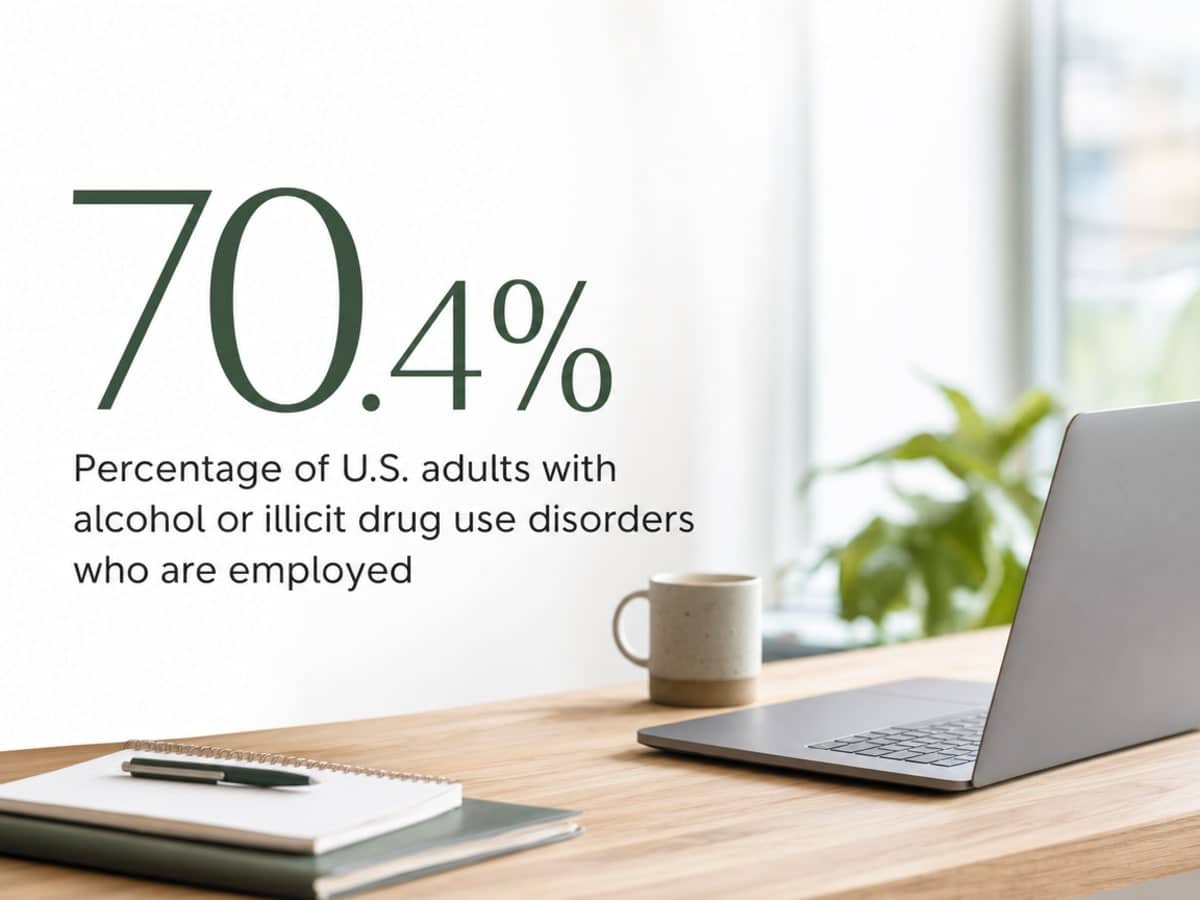 How Outpatient Drug Treatment Works With a Job 3 Infographic showing Percentage of U.S. adults with alcohol or illicit drug use disorders who are employed