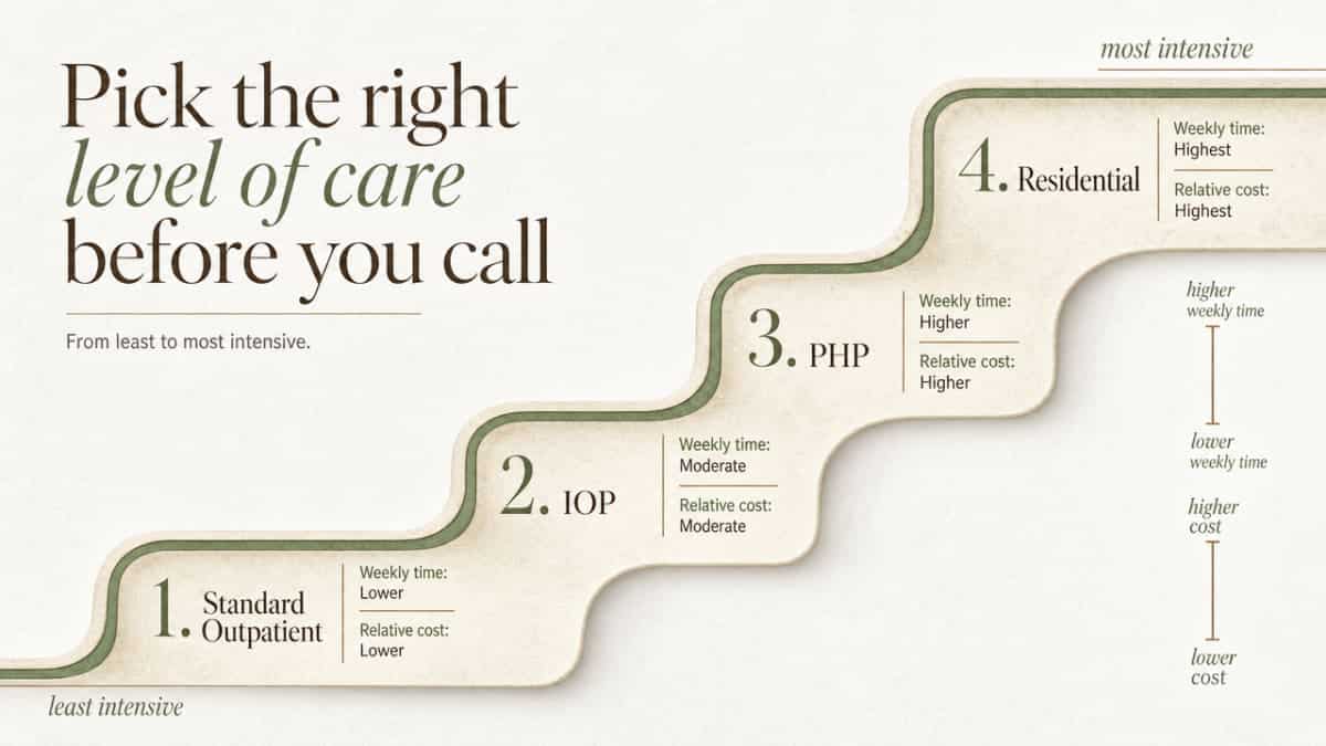 How to Afford Outpatient Rehab With No Insurance 2 Show the four-rung care continuum described in the section (Standard Outpatient, IOP, PHP, Residential) with weekly time commitment and relative cost to help readers self-orient before calling
