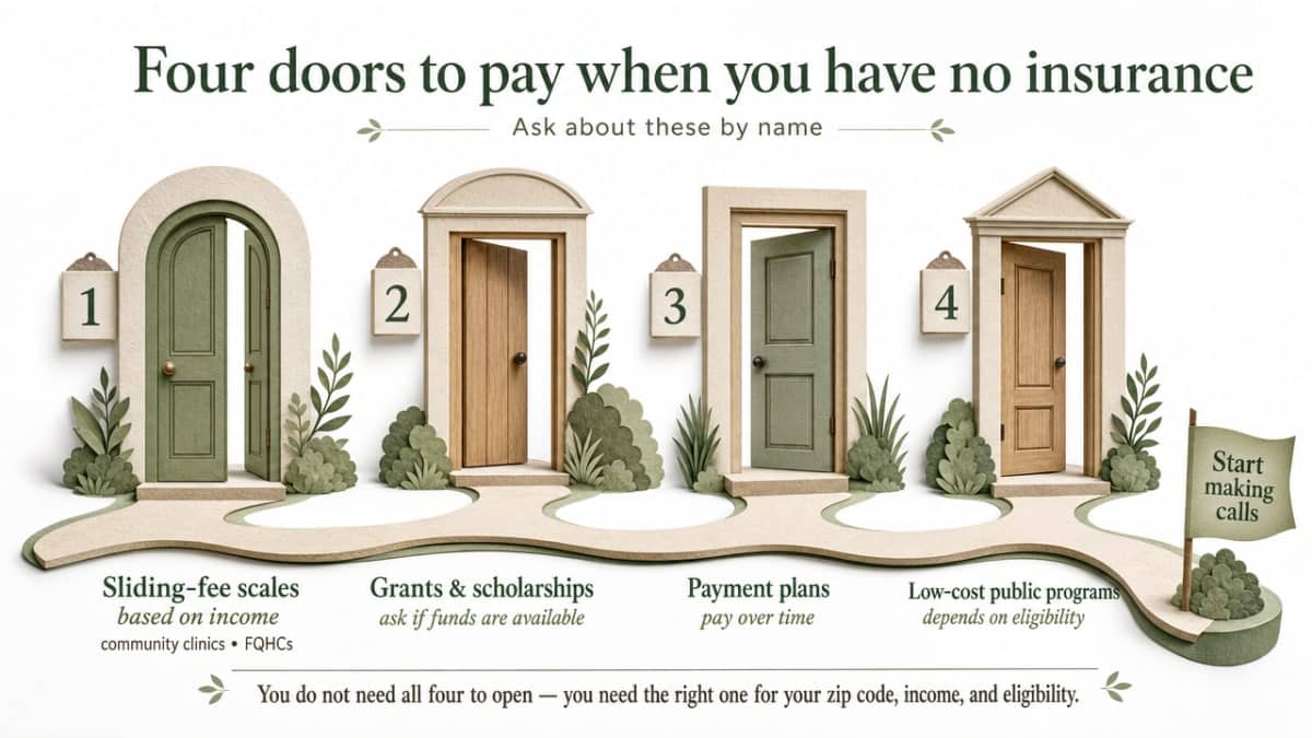 How to Afford Outpatient Rehab With No Insurance 3 Summarize the four affordability pathways named in the section so readers can scan and recall them before making calls