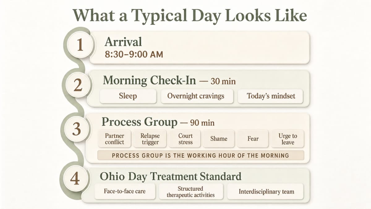 Cleveland, OH Partial Hospitalization Program Guide 2 Visualize the structured PHP daily schedule described in the section, which lists specific time blocks and clinical activities required by Ohio's day treatment intensity standard