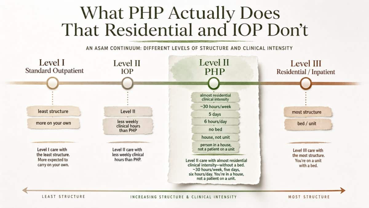 Partial Hospitalization Program Massillon, OH: Step-Down Care 1 Visualize the ASAM continuum comparison cited from SAMHSA TIP, showing how PHP sits between residential and standard outpatient and differs from IOP by weekly clinical hours